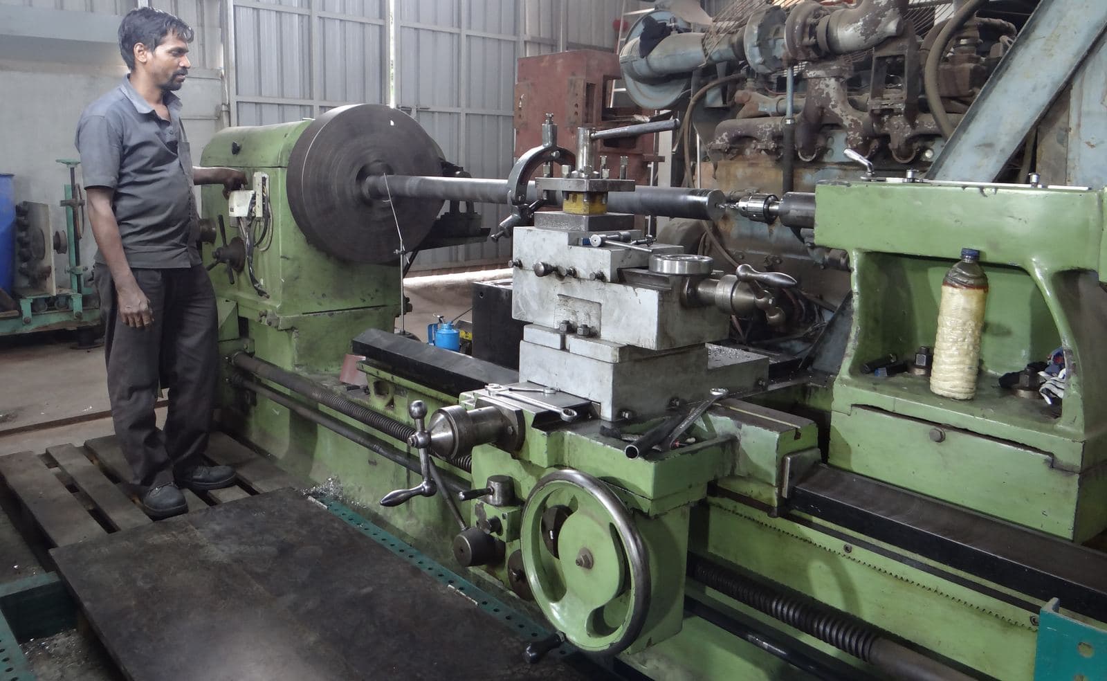 A shaft being machined on one of our lathes